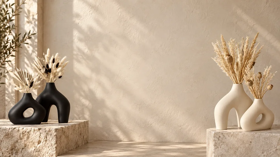 Vases sculpturaux Ayachouf dans une composition lumineuse.
